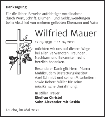 Traueranzeige von Wilfried Mauer von Wochenspiegel Naumburg/Nebra