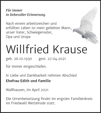 Traueranzeige von Willfried Krause von Trauerkombi Sangerhausen