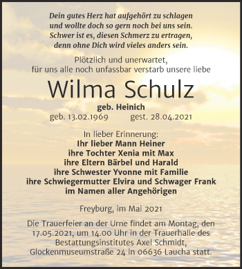Traueranzeige von Wilma Schulz von Mitteldeutsche Zeitung Merseburg/Querfurt