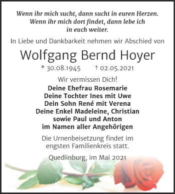 Traueranzeige von Wolfgang Bernd Hoyer von Trauerkombi Quedlinburg