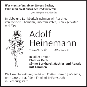 Traueranzeige von Adolf Heinemann von Trauerkombi Bernburg