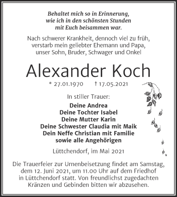 Traueranzeige von Alexander Koch von Trauerkombi Mansfelder Land