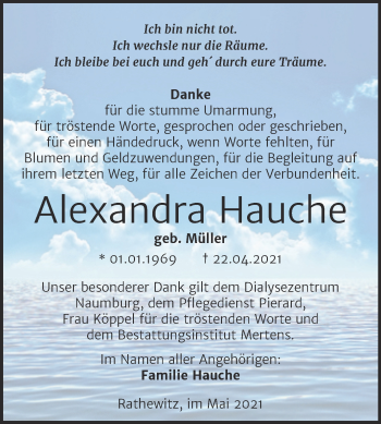 Traueranzeige von Alexandra Hauche von Naumburger Tageblatt