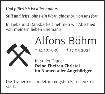 Traueranzeige von Alfons Böhm von Super Sonntag Wittenberg