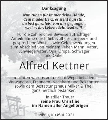 Traueranzeige von Alfred Kettner von Trauerkombi Zeitz