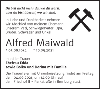 Traueranzeige von Alfred Maiwald von Trauerkombi Bernburg