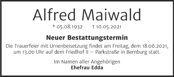 Traueranzeige von Alfred Maiwald von Trauerkombi Bernburg