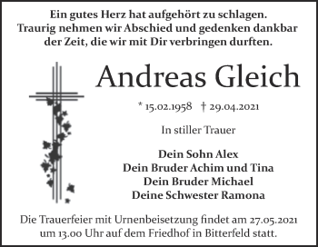 Traueranzeige von Andreas Gleich von Wochenspiegel Bitterfeld