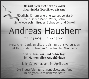 Traueranzeige von Andreas Hausherr von Trauerkombi Sangerhausen