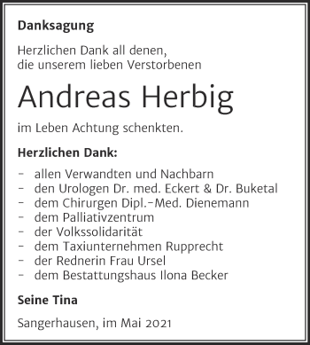 Traueranzeige von Andreas Herbig von Trauerkombi Sangerhausen