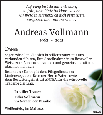 Traueranzeige von Andreas Vollmann von Trauerkombi Weißenfels