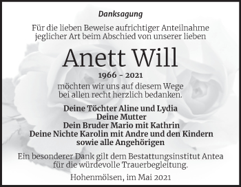 Traueranzeige von Anett Will von Trauerkombi Weißenfels