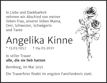 Traueranzeige von Angelika Kinne von Trauerkombi Bernburg