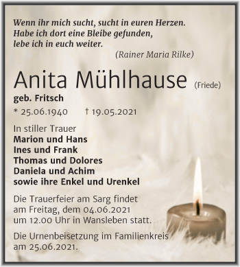 Traueranzeige von Anita Mühlhause von Mitteldeutsche Zeitung Halle/Saalkreis