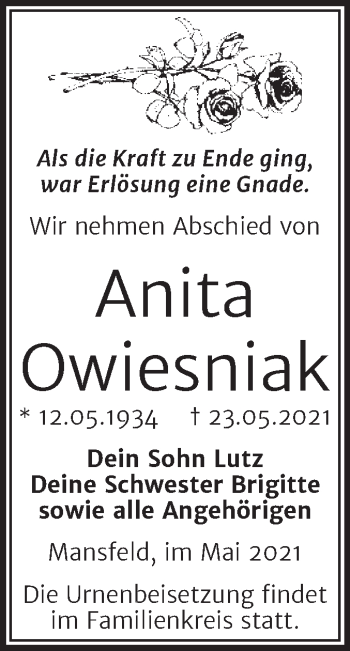 Traueranzeige von Anita Owiesniak von Trauerkombi Mansfelder Land