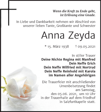 Traueranzeige von Anna Zeyda von Trauerkombi Bitterfeld
