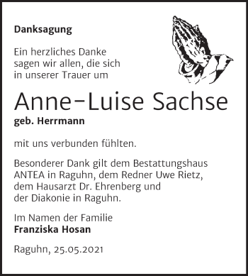 Traueranzeige von Anne-Luise Sachse von Trauerkombi Bitterfeld