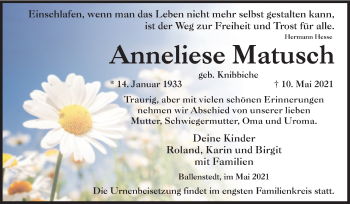 Traueranzeige von Anneliese Matusch von Trauerkombi Quedlinburg