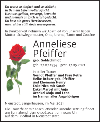 Traueranzeige von Anneliese Pfeiffer von Trauerkombi Sangerhausen