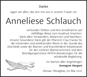 Traueranzeige von Anneliese Schlauch von Trauerkombi Dessau