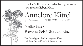 Traueranzeige von Annelore Kittel von Mitteldeutsche Zeitung Dessau-Roßlau