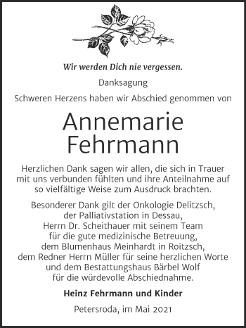 Traueranzeige von Annemarie Fehrmann von Trauerkombi Bitterfeld