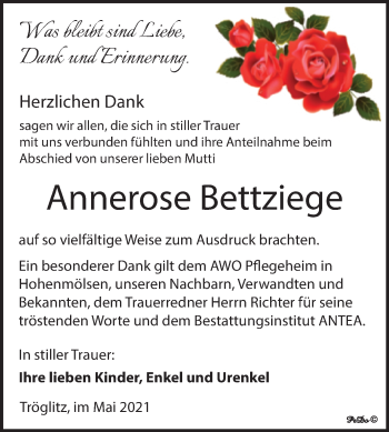 Traueranzeige von Annerose Bettziege von Trauerkombi Zeitz