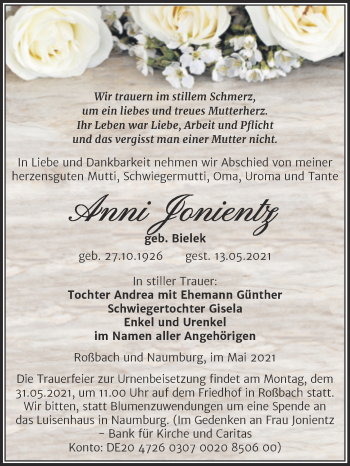 Traueranzeige von Anni Jonientz von Trauerkombi Merseburg