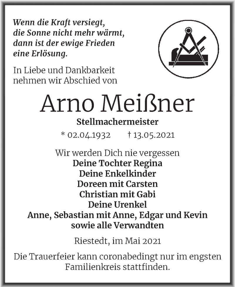  Traueranzeige für Arno Meißner vom 22.05.2021 aus Trauerkombi Sangerhausen