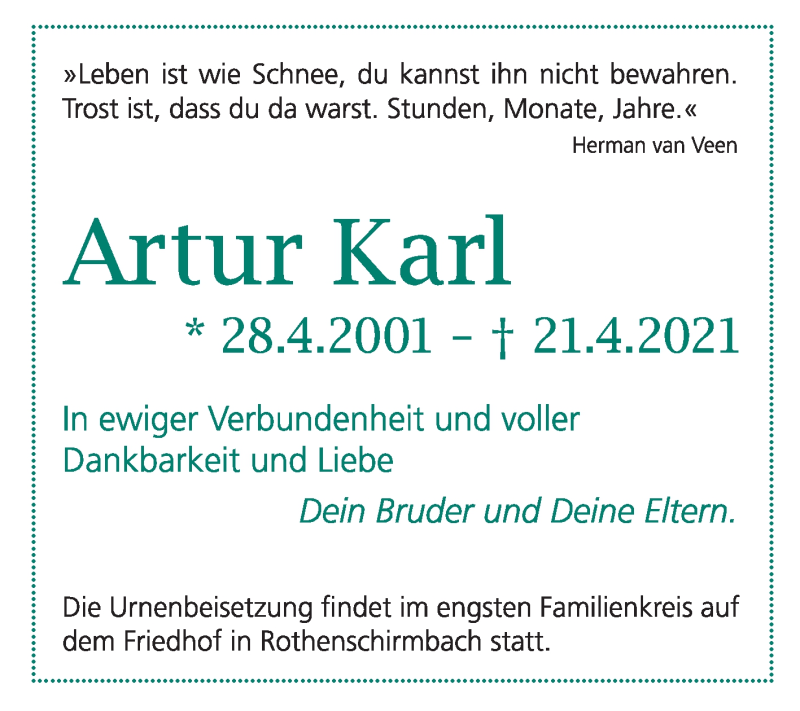  Traueranzeige für Artur Karl vom 12.05.2021 aus Trauerkombi Merseburg