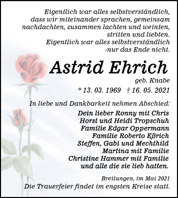 Traueranzeige von Astrid Ehrich von Trauerkombi Sangerhausen