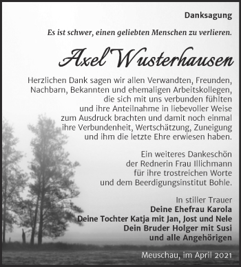 Traueranzeige von Axel Wusterhausen von Trauerkombi Merseburg