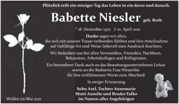 Traueranzeige von Babette Niesler von Trauerkombi Bitterfeld
