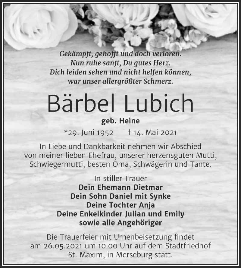  Traueranzeige für Bärbel Lubich vom 22.05.2021 aus Trauerkombi Merseburg