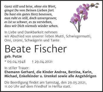 Traueranzeige von Beate Fischer von Trauerkombi Mansfelder Land