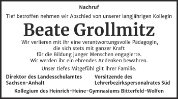 Traueranzeige von Beate Grollmitz von Mitteldeutsche Zeitung Bitterfeld