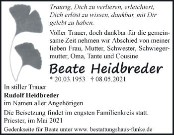 Traueranzeige von Beate Heidbreder von Mitteldeutsche Zeitung Halle/Saalkreis
