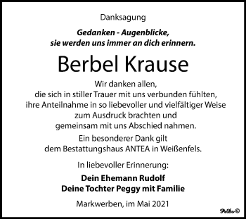 Traueranzeige von Berbel Krause von Trauerkombi Weißenfels
