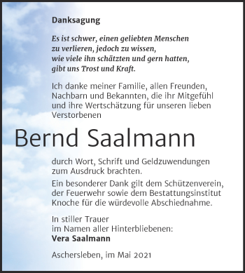 Traueranzeige von Bernd Saalmann von Trauerkombi Aschersleben