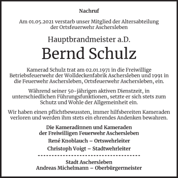 Traueranzeige von Bernd Schulz von Wochenspiegel Aschersleben