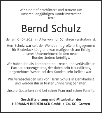 Traueranzeige von Bernd Schulz von Mitteldeutsche Zeitung Salzlandkreis