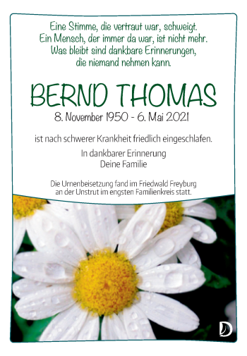 Traueranzeige von Bernd Thomas von Mitteldeutsche Zeitung Mansfelder Land