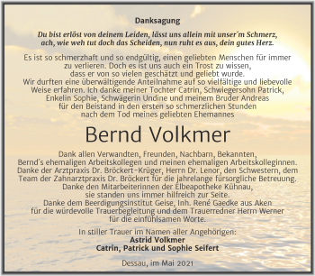 Traueranzeige von Bernd Volkmer von Trauerkombi Dessau