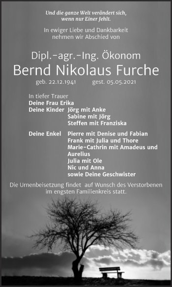 Traueranzeige von Bernd Nikolaus Furche von Trauerkombi Bitterfeld