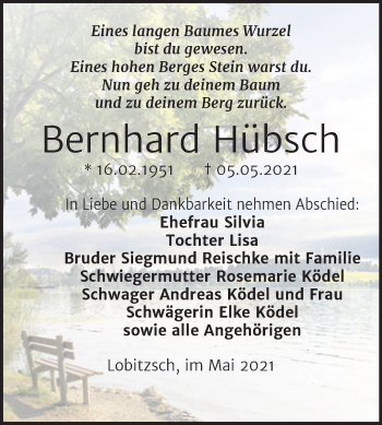 Traueranzeige von Bernhard Hübsch von Trauerkombi Weißenfels