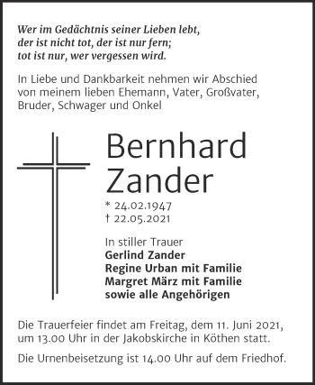 Traueranzeige von Bernhard Zander von Trauerkombi Köthen