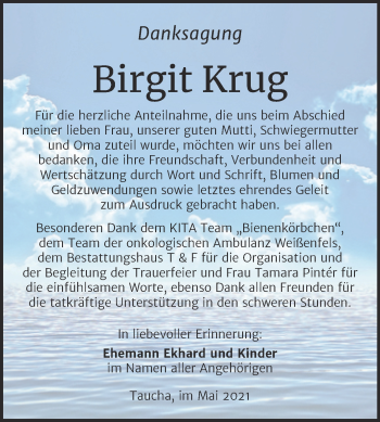 Traueranzeige von Birgit Krug von Trauerkombi Weißenfels