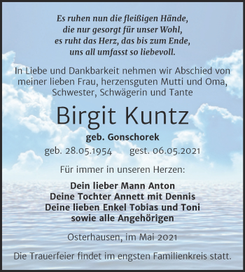 Traueranzeige von Birgit Kuntz von Trauerkombi Mansfelder Land