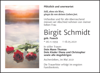 Traueranzeige von Birgit Schmidt von Trauerkombi Aschersleben