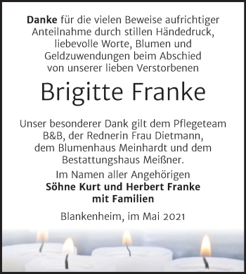 Traueranzeige von Brigitte Franke von Trauerkombi Sangerhausen